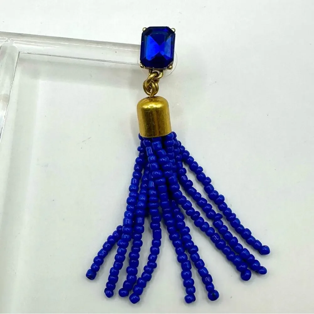 J. Crew Cobalt Beaded Tassel Earrings Casual luxe Preppy Summer Dangle Drop